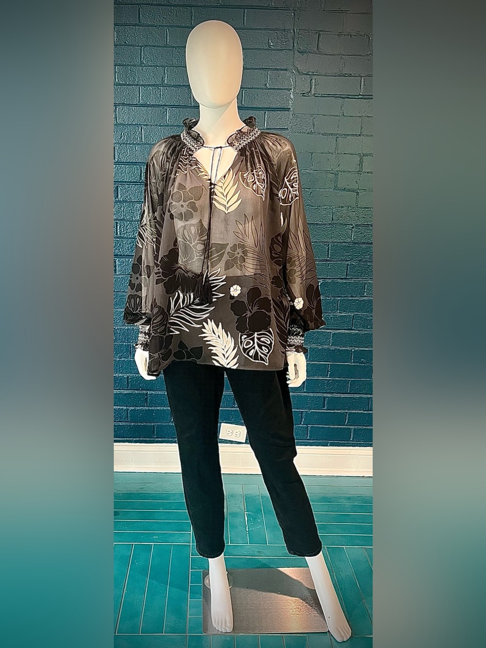 Women's Black Floral Sheer Tie-Neck Swim Cover-Up